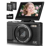 EJXHKNF 4K 64MP Digital Camera with Flip Screen, Retro Vlogging Cameras for YouTube, Compact Photography Camera Gift for Beginners & Teens, Travel Video Camera with 32G Card, 2 Batteries(Black)