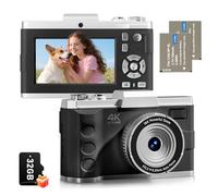 EJXHKNF 4K Digital Camera for Photography, Autofocus Anti-Shake 64MP Vlogging Camera for YouTube Video, Rear and Front Cameras, 16X Zoom Compact Camera for Teens with 2 Batteries, 32GB Card (Black)