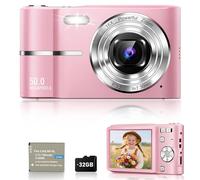EJXHKNF Digital Camera, 1080P FHD Vlogging Camera 50MP Compact Portable Photo Camera with 2.4" Screen, 16X Digital Zoom Mini Small Pocket Camera for Kids Students with 1 Battery, 32GB Card (Pink)