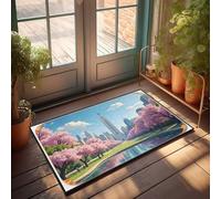 EJXN Door Mat Outdoor Entrance Funny Cherry Blossom Pathway To The City Skyline Doormat Home Decor For Men Door Matt(50X80CM)