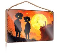 EJXN Funny Bedroom Decor Two Silhouetted Figures Gazing At A Giant Moon Over A Coastal Cit Wooded Sign Playroom Decor Farm House Decorations(23X35CM)