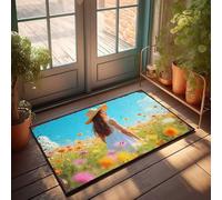EJXN Large Outdoor Mats For Front Door Girl In Hat Stands Amidst Colorful Flower Field On Sunny Day Doormat Funny Outdoor Mat Entry Floor Mats(40X60CM)
