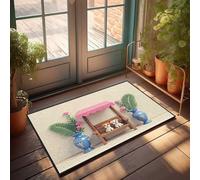EJXN Outdoor Door Mats For Home Entrance Two Cute Dogs On A Wooden Bench With Pink Flowers And Blue Vases Doormat Kitchen Rugs And Mats Summer Floor Mat(65X90CM)