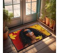 EJXN Outdoor Fall Door Mat Autumnal Serenity: A Blindfolded Portrait Amidst Falling Leaves Doormat Man Cave Stuff Bar Decor For Home(65X90CM)
