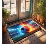EJXN Outdoor Mats For Front Door Fiery Soccer Ball On Grass Field With Blue Flames Doormat Fall Floor Mat Outdoor Front Porch Fall Decor(40X60CM)