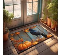 EJXN Outdoor Mats For Home Entrance Black Crow Perched On Jar Amidst Autumn Pumpkins And Falling Leav Doormat Home Goods Room Door Decor(50X80CM)