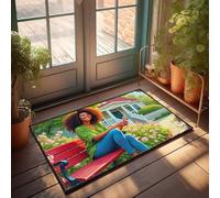 EJXN Outdoor Mats For Home Entrance Smiling Woman Enjoying Spring Flowers On Red Bench Doormat Home Goods Room Door Decor(65X90CM)