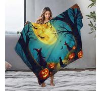 EJXN Personalized Baby Blanket Halloween Night: Witches, Cats, And Jack-O'-Lanterns Under A Full Flannel Blanket Personalized Baby Blanket Bluey Blanket(125x150cm)