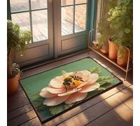 EJXN Plain Welcome Mat Close-Up Of Bee Pollinating A Pink Flower On Green Background Doormat Fall Outdoor Rug Front Entrance Decor(40X60CM)