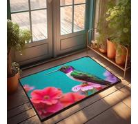 EJXN Plain Welcome Mat Colorful Hummingbird Perched On Pink Flower Against Blue Backgrou Doormat Fall Outdoor Rug Front Entrance Decor(65X90CM)