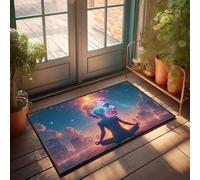 EJXN Summer Outdoor Mat Cityscape Serenity: A Woman Meditating Amidst Cosmic Lights Doormat Entry Floor Mats Fall Porch Mat(65X90CM)