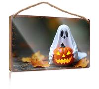 EJXN Wall Hanging Wood Sign Spooky Ghost With Jack-O'-Lantern In Autumn Leaves Wooded Sign Outside Decor Funny Hunting Gifts(23X35CM)