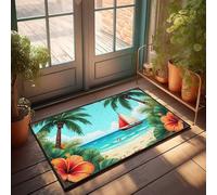 EJXN Welcome Home Door Mat Beach Paradise: Tropical Scene With Sailboat And Palm Trees Doormat Bedroom Decorations Decore For Room(50X80CM)