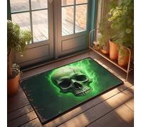 EJXN Welcome-Ish Front Door Sign Green Flame Skull: A Fiery Artwork Doormat Camper Decorations For Inside Kitchen Rug Set(50X80CM)