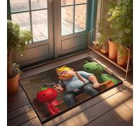 EJXN Welcome Mat Classroom Fat Man With Mustache Holding Gun Next To Tomato And Alien Doormat Outdoor Spring Rug Hot Cocoa Bar Decor(65X90CM)