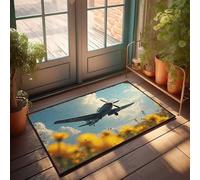 EJXN Welcome Mat Classroom Vintage Airplane Soaring Over Sunflower Fields Doormat Outdoor Spring Rug Hot Cocoa Bar Decor(50X80CM)