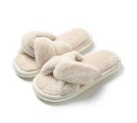 EKalgretrA Cross Band Fluffy Slippers Women's Slippers Home Spring Autumn Fuzzy Fur Luxury Designer Woman Shoes Flats Indoor Slides Fashion Elegant Soft Sole Open Toe(Beige,38-39)