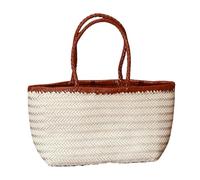 EKalgretrA Woven Beach Bag Handbags Women's Genuine Leather Shoulder Bag Weaving Casual Shopping Vintage Big Tote Purse Cowhide(Type B Auburn White,Small 40 cm long)