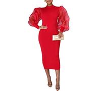 Ekaliy Women's Sheer Mesh Long Puff Lantern Sleeve Bodycon Midi Dress | Mock Neck, Puffy Long Sleeve, Sheer Mesh Sleeve, Bodycon Fit, Midi Dress, Black Funeral Dresses