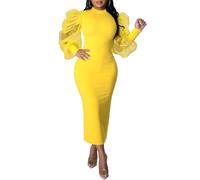 Ekaliy Women's Sheer Mesh Long Puff Lantern Sleeve Bodycon Midi Dress | Mock Neck, Puffy Long Sleeve, Sheer Mesh Sleeve, Bodycon Fit, Midi Dress, Black Funeral Dresses