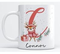 EKAM Personalised Christmas Letter Coffee Mug with Custom Name, Santa Claus and Snowman Design Cup, Personalised Christmas Mug 11oz, Customised Initial Letter Cup