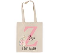 EKAM Personalised Easter Bunny Initial Tote Bag - Custom Name Kids Easter Treat Bag - Floral Rabbit Design Gift for Egg Hunt (Natural)