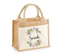 EKAM Personalised Floral Jute Tote Bag with Name - Customisable Large Shopping Bag with Cotton Pocket, Perfect Mother’s Day Gift, Birthdays & More - For Mum, Grandma, Nanny