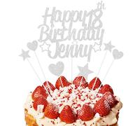 EKAM Personalised Happy Birthday Cake Topper, Customised with Any Age Name Party Cake Decoration, Glitter Card Cake Topper With Heart Star Cup Cake Toppers - 9Pcs (Non-Prime, Silver)