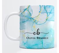 EKAM Personalised Marble Mug Initial with Name - Customised Gift for Mum, Dad, Kids or Girls - Tea Coffee Mug (11oz) (Turquoise Marble)