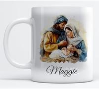 EKAM Personalised Merry Christmas Mug with Holy Family Scene, Custom Name Ceramic Cup, Christmas Coffee Mug 11oz, Gift for Christian, Customised Merry Christmas Cup