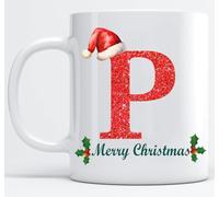 EKAM Personalised Mug Alphabet Letter P - Initial Mug with Letters - 11oz Ceramic Coffee/Tea Cup Gift for Christmas, Birthday, Secret Santa, Mother’s Day or Father’s Day Gift (Black - P)