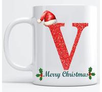 EKAM Personalised Mug Alphabet Letter V - Initial Mug with Letters - 11oz Ceramic Coffee/Tea Cup Gift for Christmas, Birthday, Secret Santa, Mother’s Day or Father’s Day Gift (Black - V)