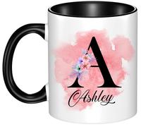 EKAM Personalised Mug, Coloured Inner and Handle Mug Stylish Initial with Name, Gift for Valentine’s, Birthday, Christmas Day for Mom, Dad, Kids, Friends or Girls, 11oz Coffee/Tea Cup (Black)