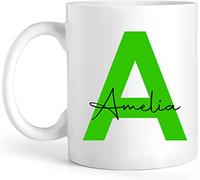 EKAM Personalised Tea Mug - Initial Name Mug 11oz Ceramic White - Gift for Her Him Friend Mom Dad Kids Birthday Valentine’s Day Christmas Day Custom Present (Green)