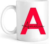 EKAM Personalised Tea Mug - Initial Name Mug 11oz Ceramic White - Gift for Her Him Friend Mom Dad Kids Birthday Valentine’s Day Christmas Day Custom Present (Red)