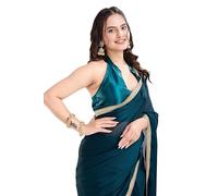 Ekasya Women's Rangoli Silk Saree with Solid Pattern, Ready to Wear, Pre-Stitched, with Unstitched Blouse (E2086), blue-green, One size