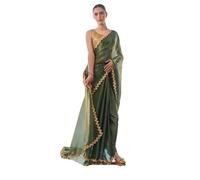EKDAM AESTHETIC Designer Sequin Border western saree Cocktail Party Wear WOman Sari Stitched Blouse, Sage, S