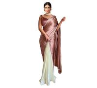 EKDAM AESTHETIC Rose Gold Women's Ready to Wear Satin 1 Minute Pre Pleated Indian Saree With stiched Blouse, 1, XXL