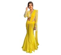 EKDAM AESTHETIC Yellow Maslin Plain Ready to Wear Draped Sari Lehenga Saree Blouse 4324, Yellow, S