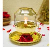 Ekhasa 100% Pure Brass Akhand Jyot Diya with Adjustable Bati Knob, Wick Lifting Screw Lever & Glass Cover (Big Size, 250 ml Oil Capacity, Stay Lit for 48 Hours, Wick Included, Authentic Borosilicate)