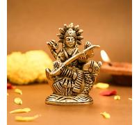 Ekhasa 100% Pure Brass Maa Saraswati Idol (Size: 8.4 cm) | Saraswati Maa Murti for Study Table, Car Dashboard, Pooja Room & Home Decor | Saraswathi Devi Pital Idol Small | Saraswati Statue for Gifting