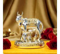 Ekhasa Kamdhenu Cow with Calf Vastu Idol | Gomatha Cow and Calf Statue for Pooja | Silver Cow Calf Idol for Home Decor, Vastu, Feng Shui, Pooja Room, Good Luck, Gift for Griha Pravesh Ceremony