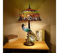 EkHou Baroque Tiffany Style Peacock Table Lights 18-Inch Stained Glass Reading Lamp Mediterranean 5-Lights Bedside Lights Best Gifts for Living Room Bedroom Cafe Bar, E27*3+E14*2,B Surprise Gift