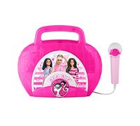 eKids Barbie Sing Along Boombox with Microphone, Built in Music, Flashing Lights, Real Working Mic for Kids Karaoke Machine, Connects Mp3 Player Aux in Audio Device