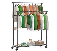 Ekisemio Double Rod Clothing Garment Rack on Wheels, 45 Inches Clothes Rack with Mesh Bottom Shelf for Hanging Clothes, Heavy Duty Metal Maximum Capacity 400 lb, Black