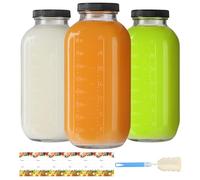 EkkoVla 1000ml Glass Juice Bottles with Airtight Lids - 3 Pack Reusable Milk Storage Bottle with Scale for Juicing, Beverage, Smoothie, Pantry Organizing, DIY Decor
