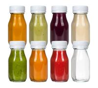 EkkoVla 100ml Small Glass Bottles with Lids, 8 Pack - Leakproof Reusable Juice Shot Bottles for Ginger Shots, Homemade Drinks, Picnics & Travel, Includes Mini Labels