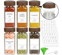 EkkoVla 120ml Square Glass Spice Jars with Acacia Wood Airtight Lids, 6 Pack - Pre-Printed Labels, Silicone Funnel & Spoon for Kitchen Storage, Herbs & Spices