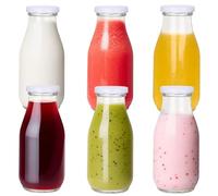 EkkoVla 330 ml Glass Milk Bottles with Lids - 6 Pack Reusable Juice Bottles for Beverages, Liquids & Decoration