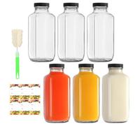EkkoVla 500ml Glass Juice Bottles with Lids, 6-Pack - Leakproof Square Drinking Jars | Reusable Bottles for Smoothies, Milk, Kombucha, Iced Tea, Homemade Beverages & Hot/Cold Drinks